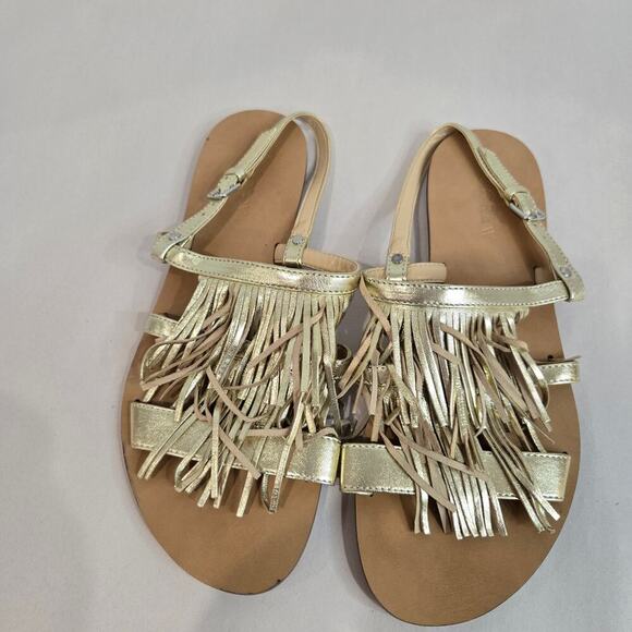 J. Crew Fringe Slingback Sandals Gold Metallic Size 8 Boho Festival Resortwear - Picture 1 of 12
